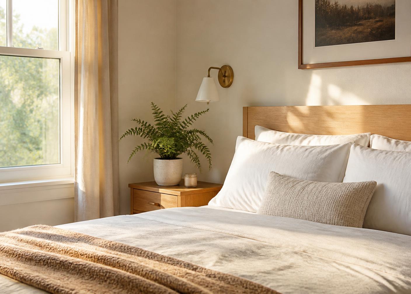 Calm, sunlit bedroom with fresh linens and a fern after a Room Reset cleaning